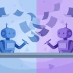 Jasper AI vs Copy AI: split-screen illustration of two AI writing robots facing off in a comparison