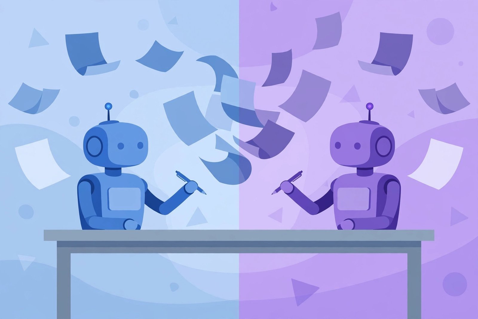 Jasper AI vs Copy AI: split-screen illustration of two AI writing robots facing off in a comparison