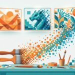 Creative studio desk with paintbrushes dissolving into pixels, representing the best AI image generators for business
