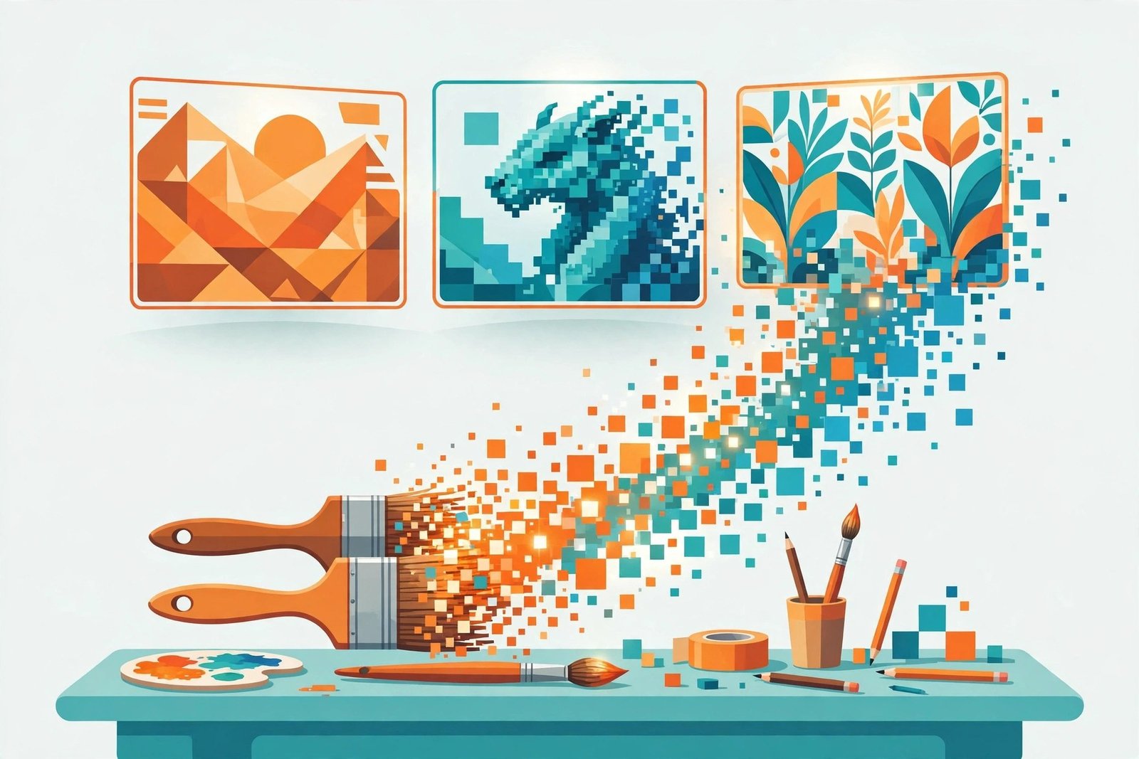 Creative studio desk with paintbrushes dissolving into pixels, representing the best AI image generators for business