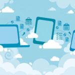 Best cloud based productivity apps for 2026: a laptop, tablet, and phone floating among soft clouds, sharing documents and checklists between screens
