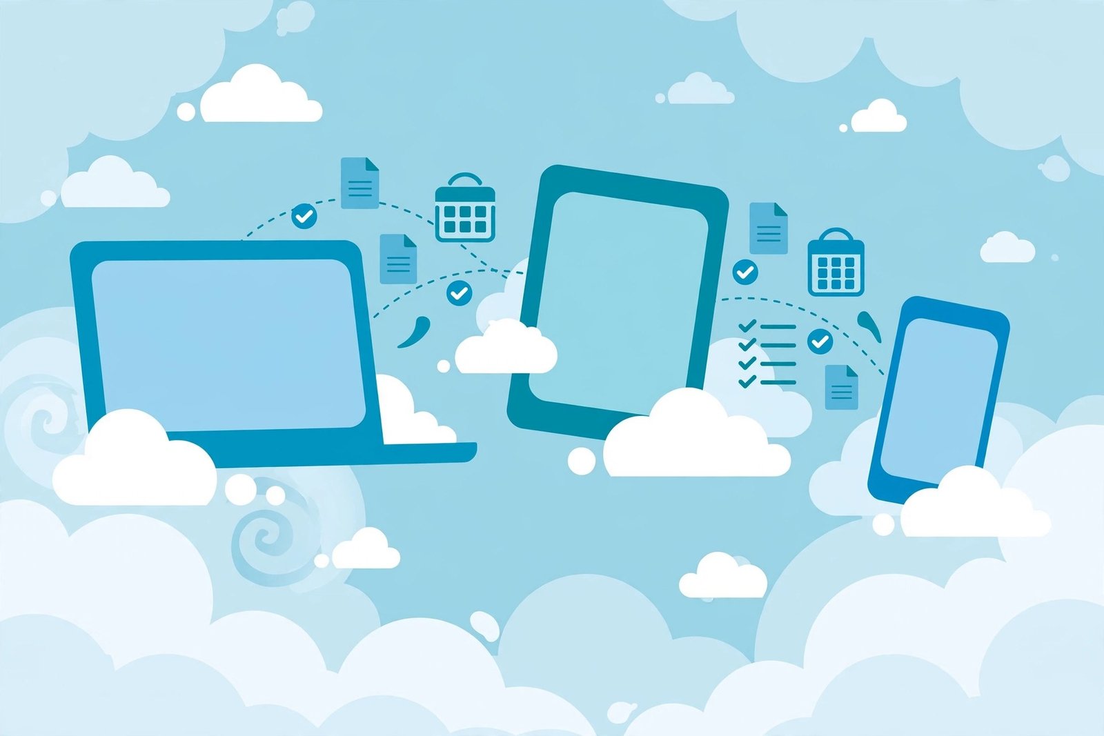 Best cloud based productivity apps for 2026: a laptop, tablet, and phone floating among soft clouds, sharing documents and checklists between screens