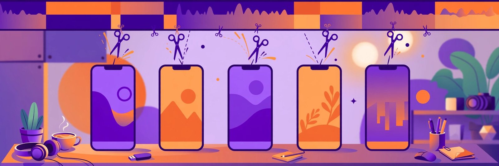 Best clipping software for creators: a long horizontal video timeline being cut into multiple vertical phone-shaped clips with captions