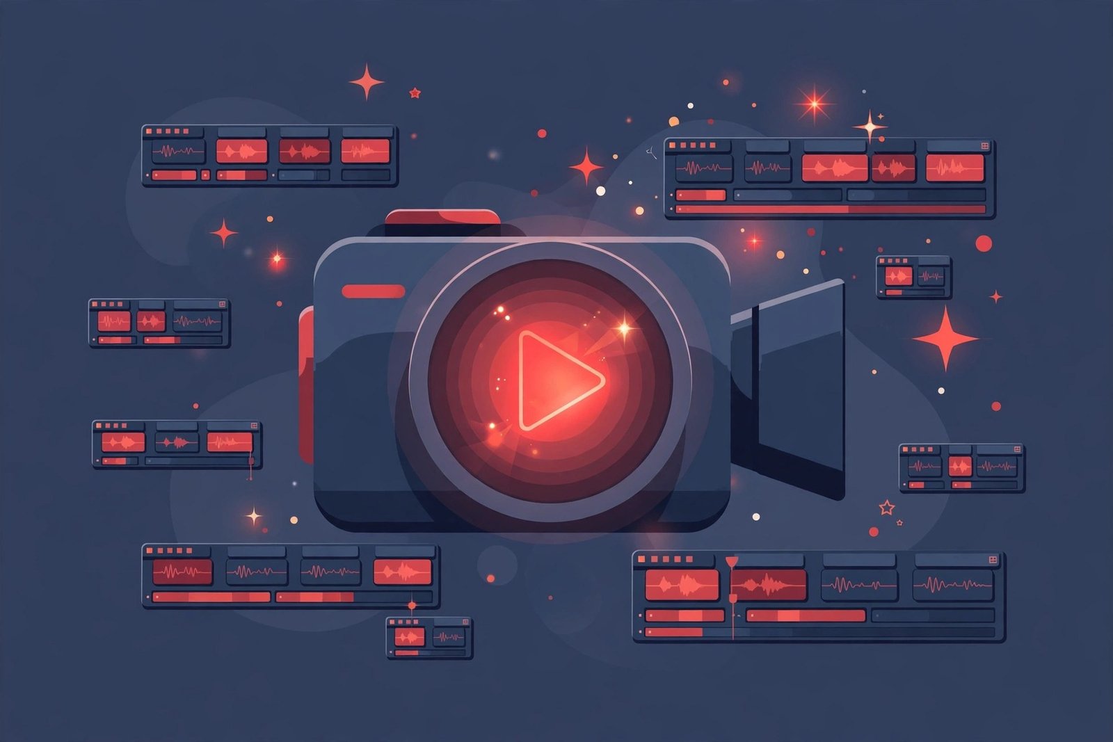Video camera with play button surrounded by AI editing timeline elements, representing the best AI video tools for YouTubers