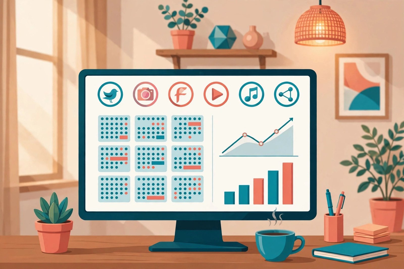 Social media management packages compared: dashboard showing multiple social media profiles with scheduled posts on a calendar and analytics charts