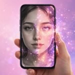 Best AI selfie generator: A smartphone showing a selfie being enhanced by AI, with a before-and-after style transformation glow