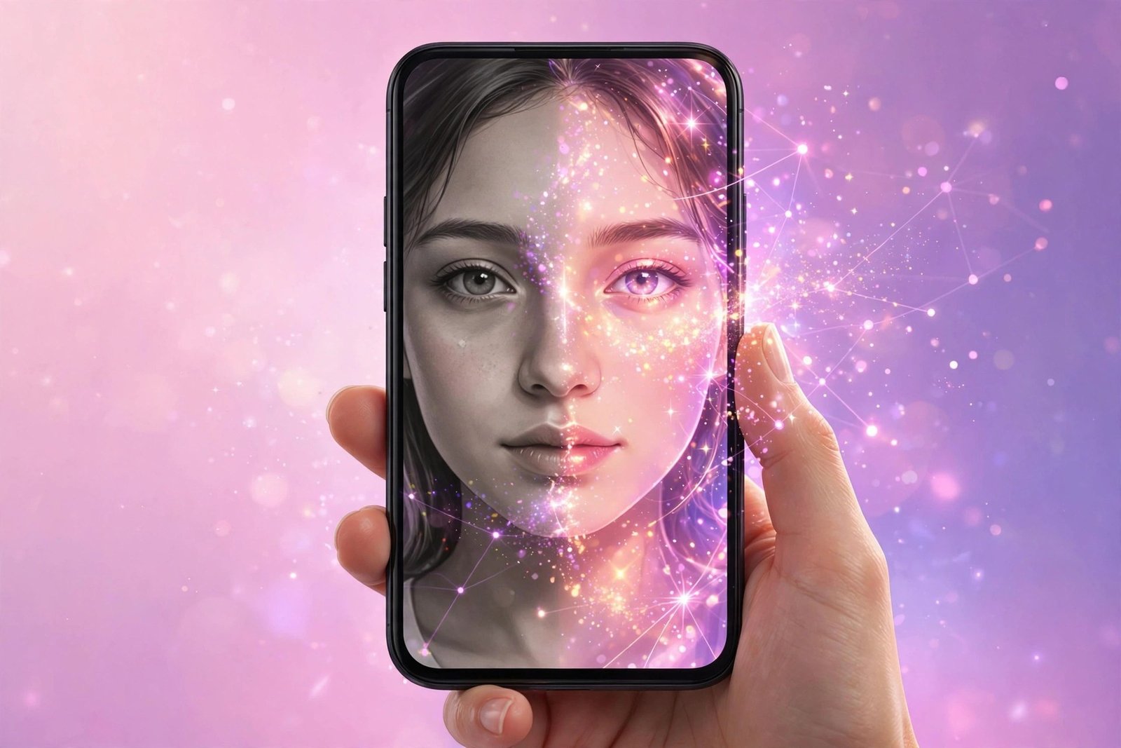 Best AI selfie generator: A smartphone showing a selfie being enhanced by AI, with a before-and-after style transformation glow