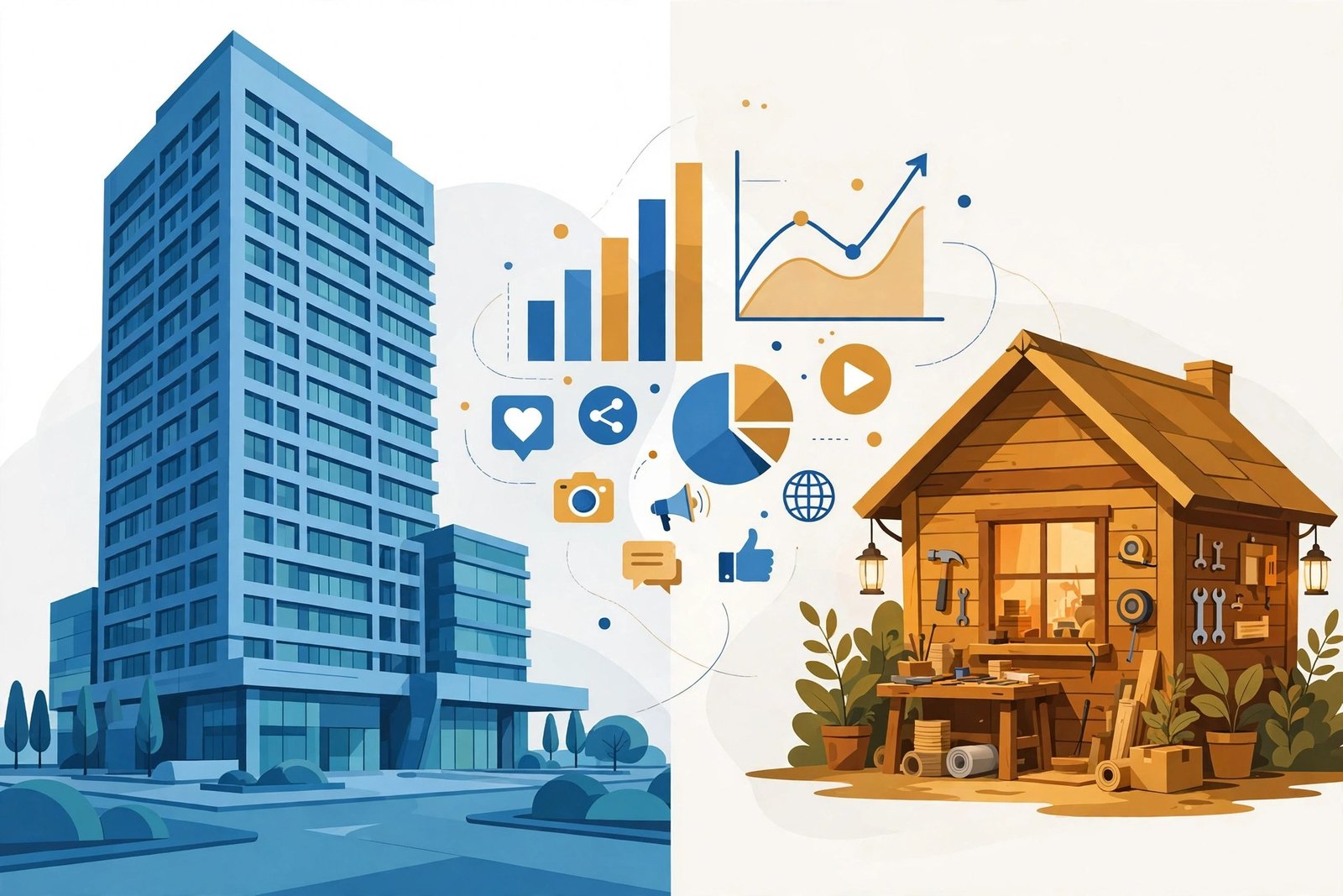 HubSpot vs RecurPost: a large all-in-one marketing platform dashboard contrasted with a small focused social media scheduling tool