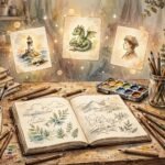Best drawing prompts generator for artists: an artist's desk with a sketchbook, pencils, and magical prompt cards floating above showing lighthouse, dragon, and portrait doodles