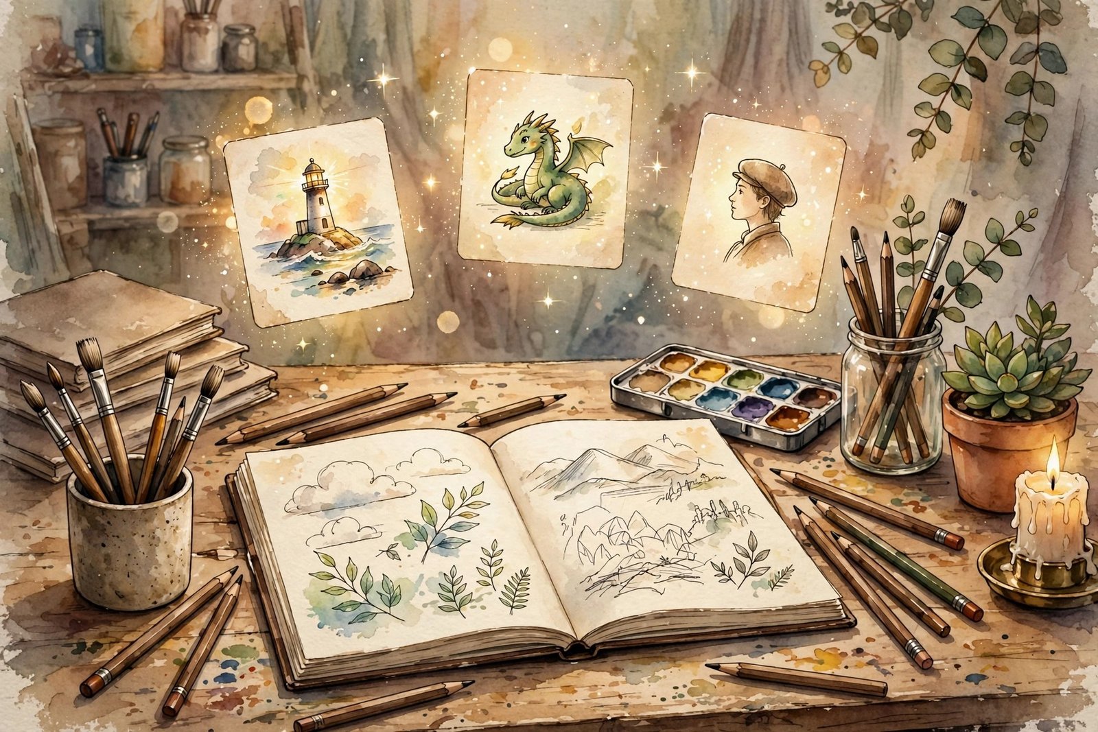 Best drawing prompts generator for artists: an artist's desk with a sketchbook, pencils, and magical prompt cards floating above showing lighthouse, dragon, and portrait doodles