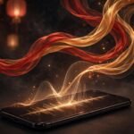 Best chinese text to speech tools: sound waves forming Chinese-inspired flowing ribbons above a smartphone playing audio