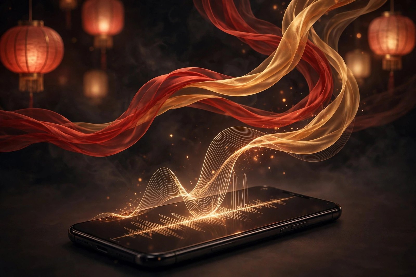 Best chinese text to speech tools: sound waves forming Chinese-inspired flowing ribbons above a smartphone playing audio