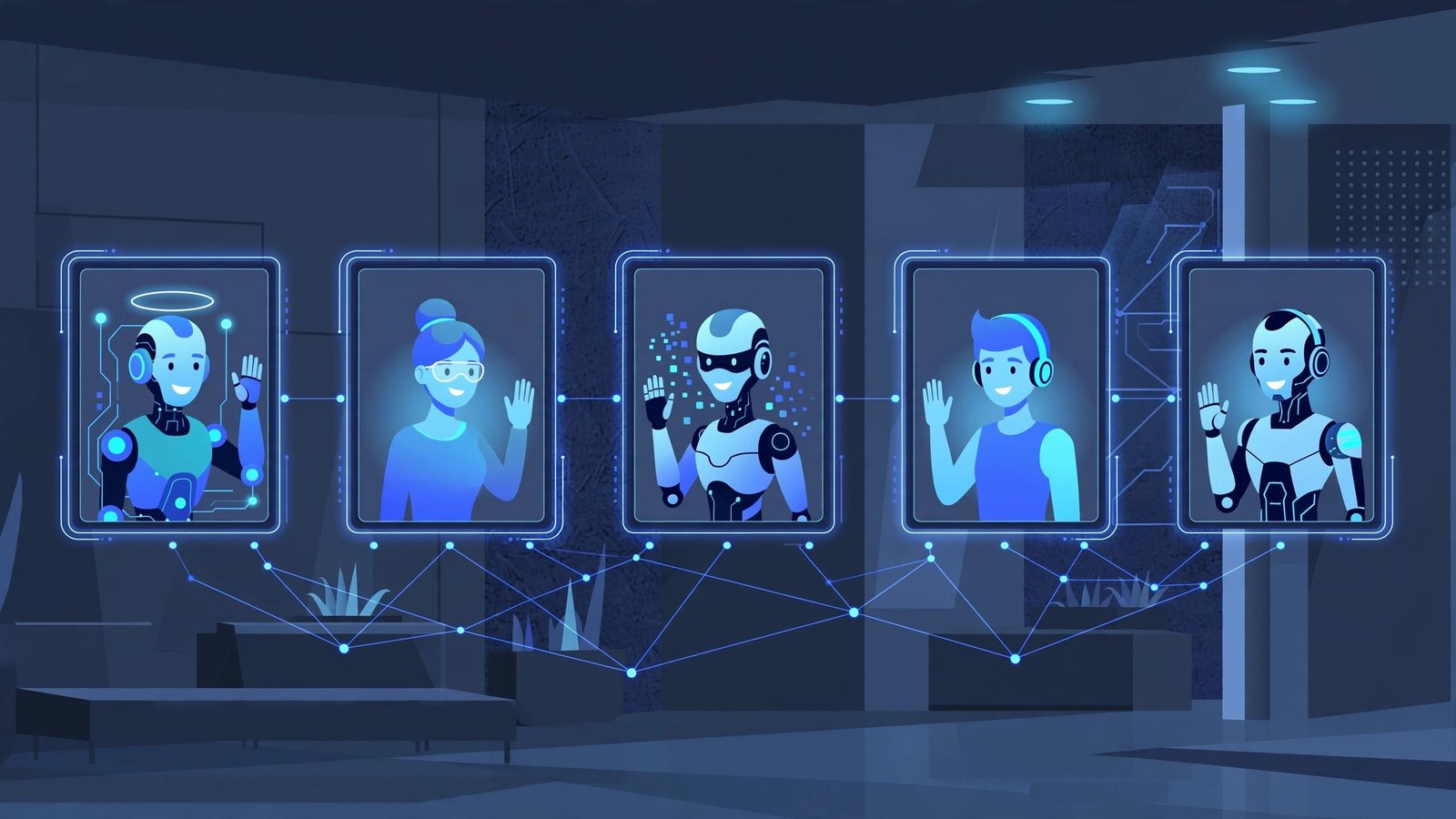 Best AI avatar for digital signage: digital signage screens with AI avatar presenters in a modern lobby