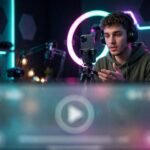 Content creator filming a vertical video in a neon-lit studio, representing AI tools for TikTok scripts