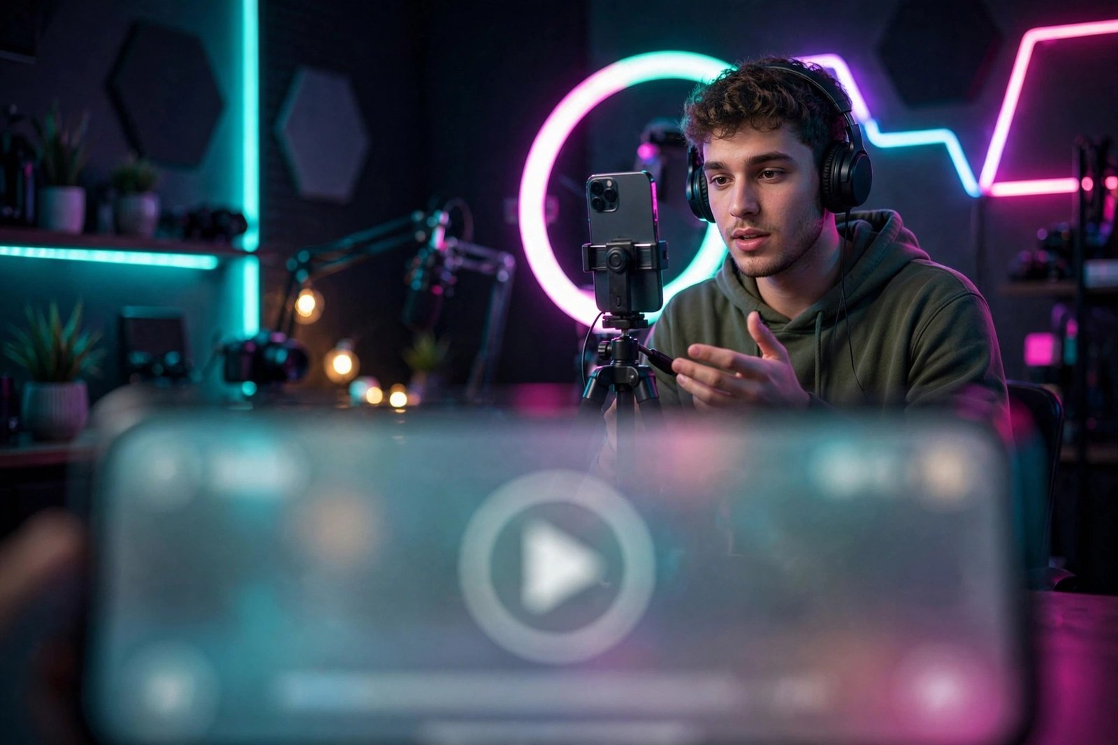 Content creator filming a vertical video in a neon-lit studio, representing AI tools for TikTok scripts