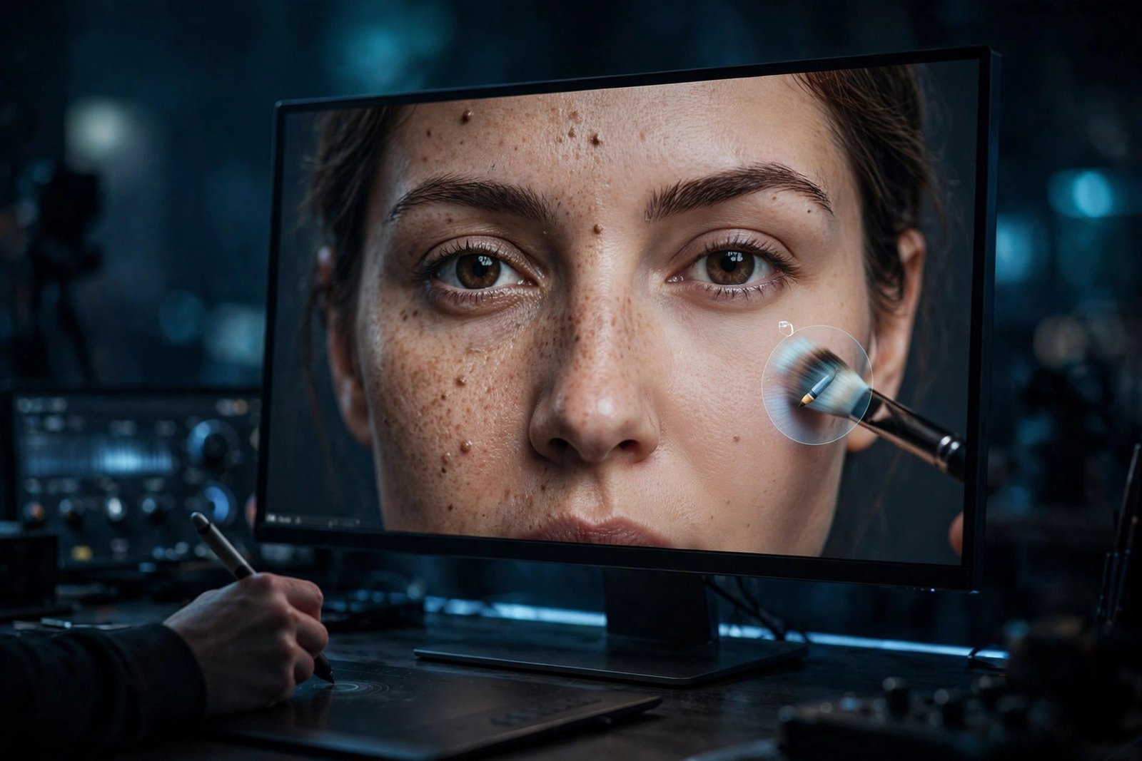 Best AI photo retouching tools: photographer retouching a portrait on a large monitor in an editing studio