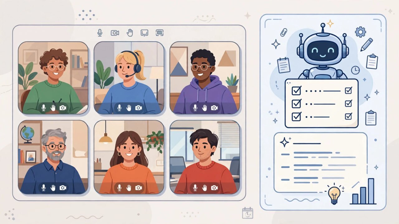 Illustration of an AI assistant taking notes and producing a summary beside a video call meeting grid.