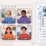 Illustration of an AI assistant taking notes and producing a summary beside a video call meeting grid.