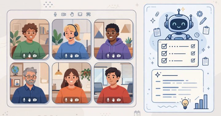 Illustration of an AI assistant taking notes and producing a summary beside a video call meeting grid.