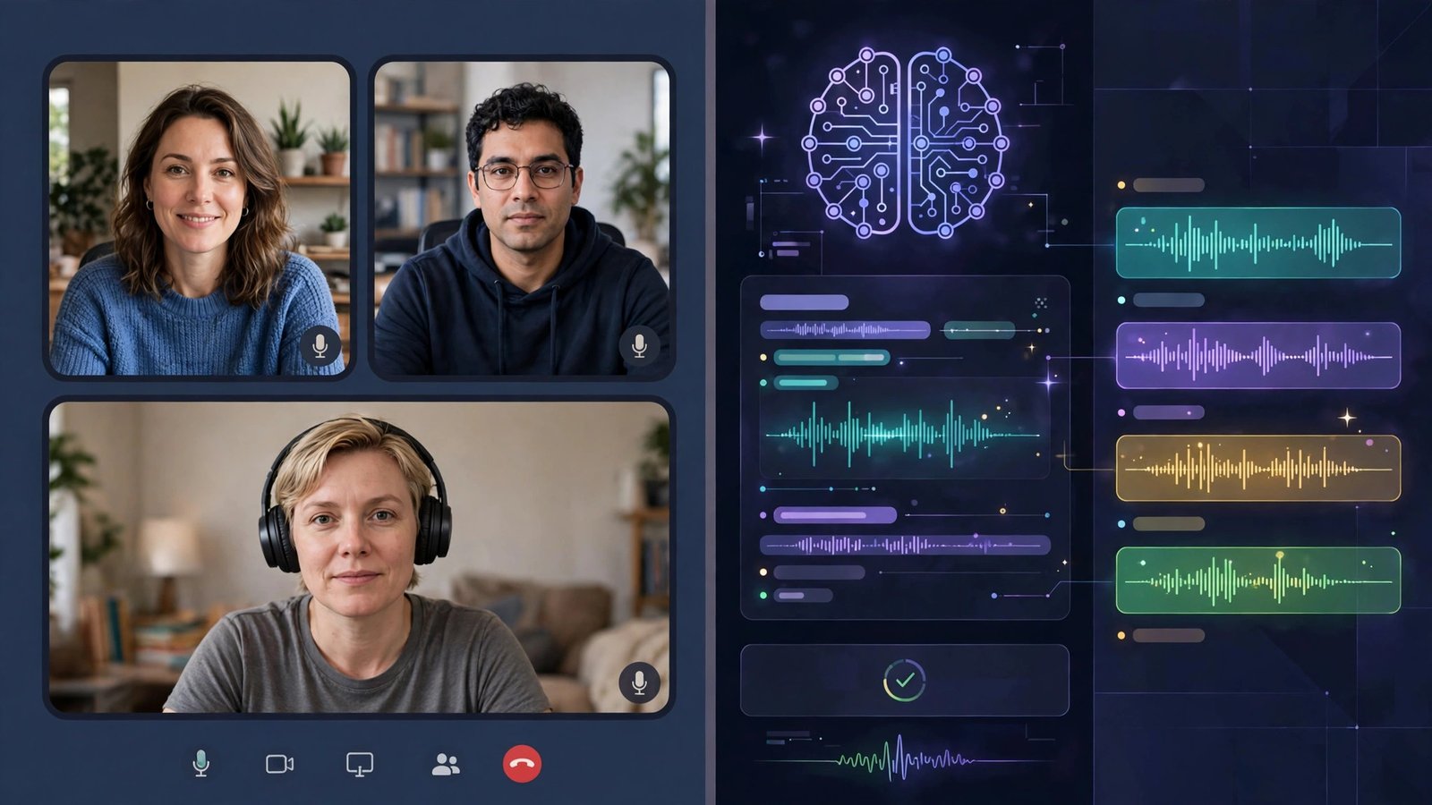 Split-screen of a video call beside AI transcription highlights and notes.