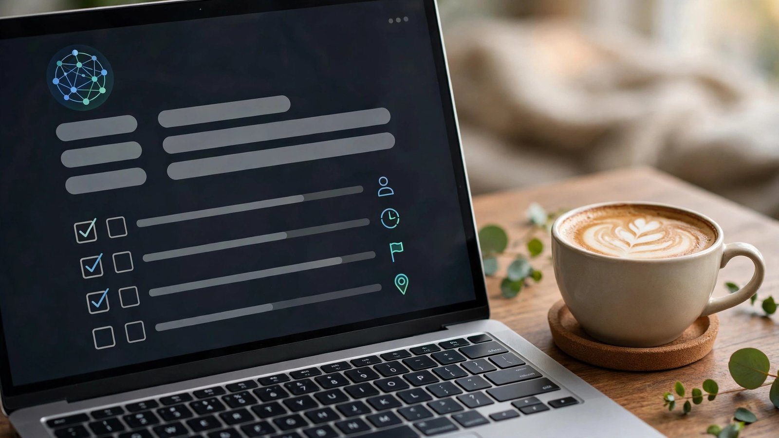 Best AI meeting assistants 2026: laptop showing an AI-generated meeting summary with action items next to a coffee cup.
