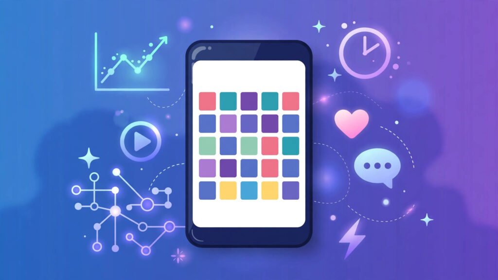 Illustration of a smartphone displaying a social media content calendar surrounded by AI scheduling and analytics icons