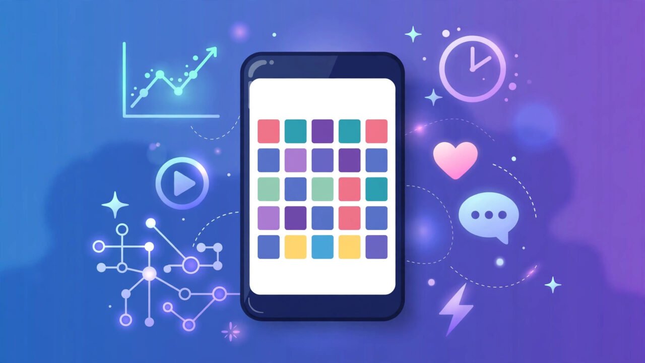 Illustration of a smartphone displaying a social media content calendar surrounded by AI scheduling and analytics icons