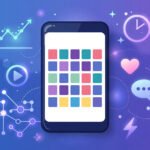 Illustration of a smartphone displaying a social media content calendar surrounded by AI scheduling and analytics icons