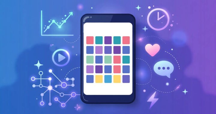 Illustration of a smartphone displaying a social media content calendar surrounded by AI scheduling and analytics icons