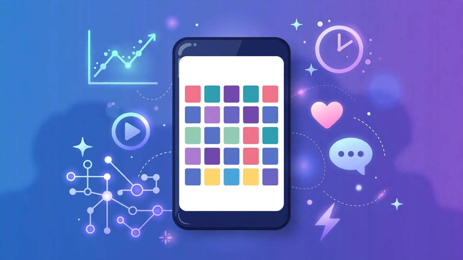 Illustration of a smartphone displaying a social media content calendar made with one of the best AI social media tools 2026, surrounded by AI scheduling and analytics icons