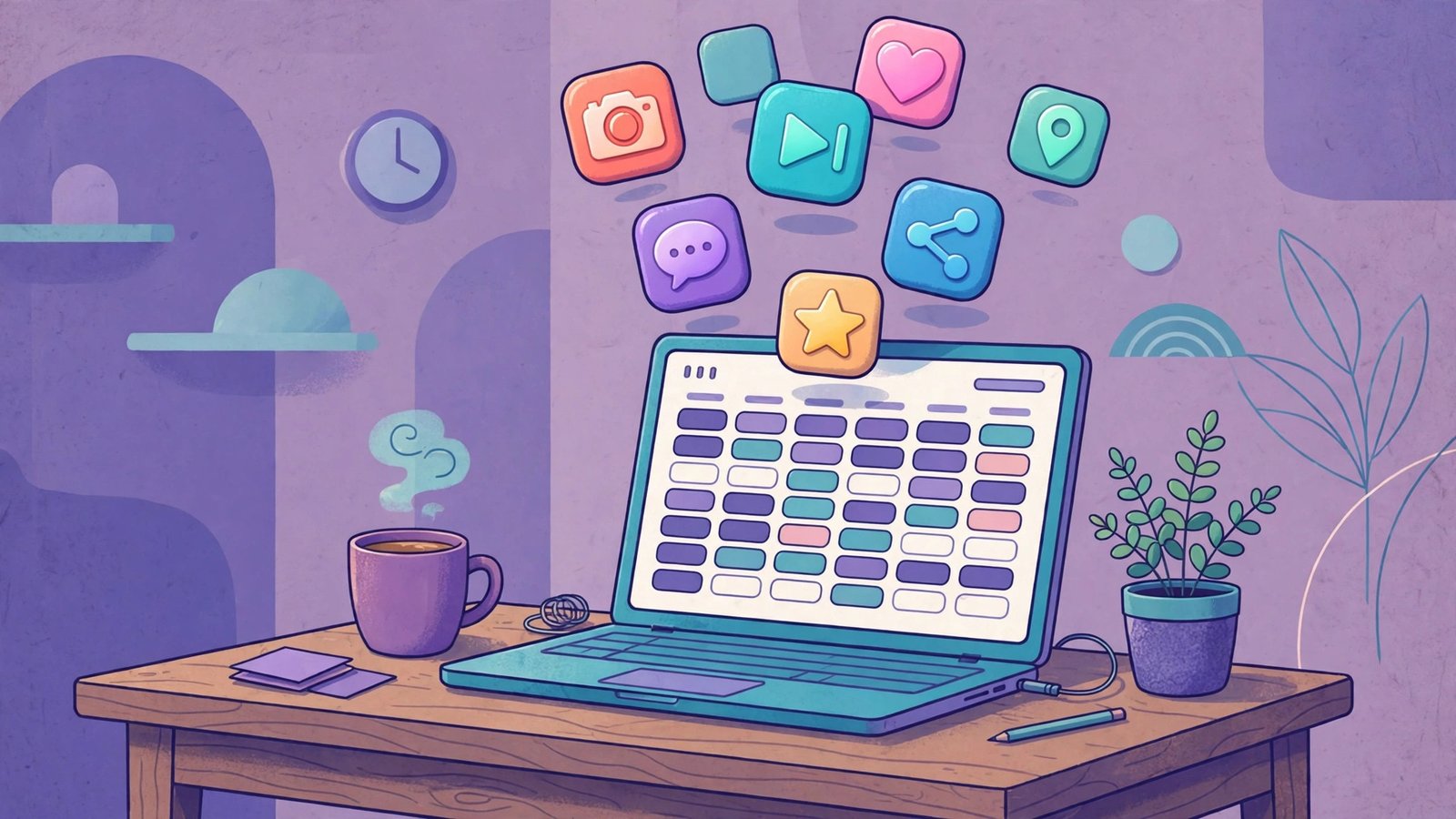 Illustration of a desk with a laptop showing a weekly social media scheduling calendar and floating social app icons