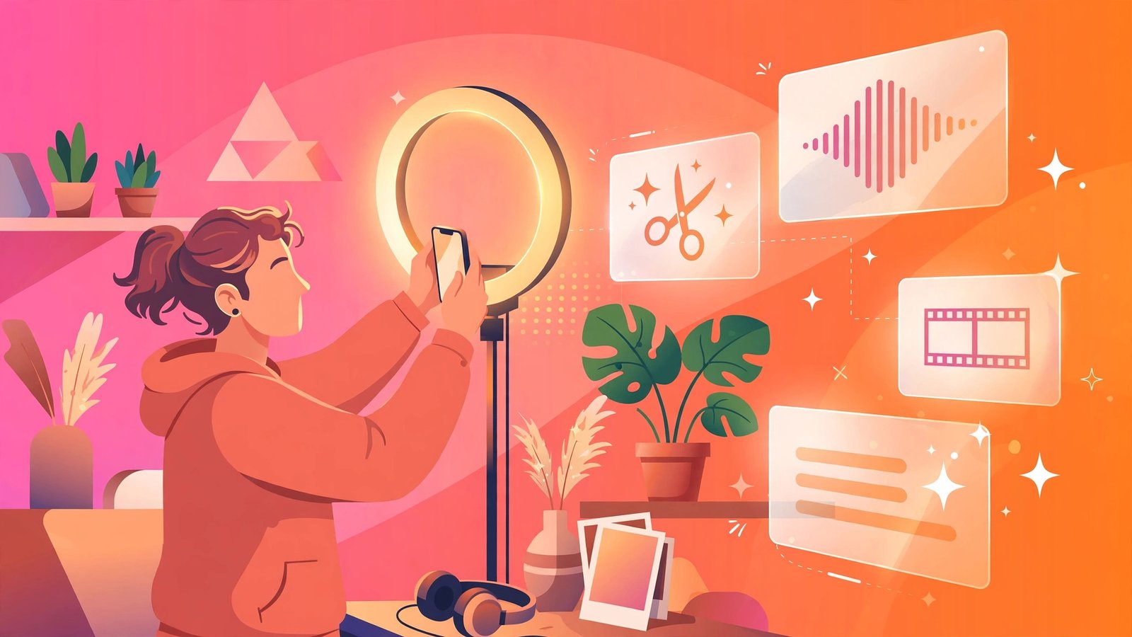 Illustration of a creator filming a vertical short-form video with a ring light while AI editing panels float nearby