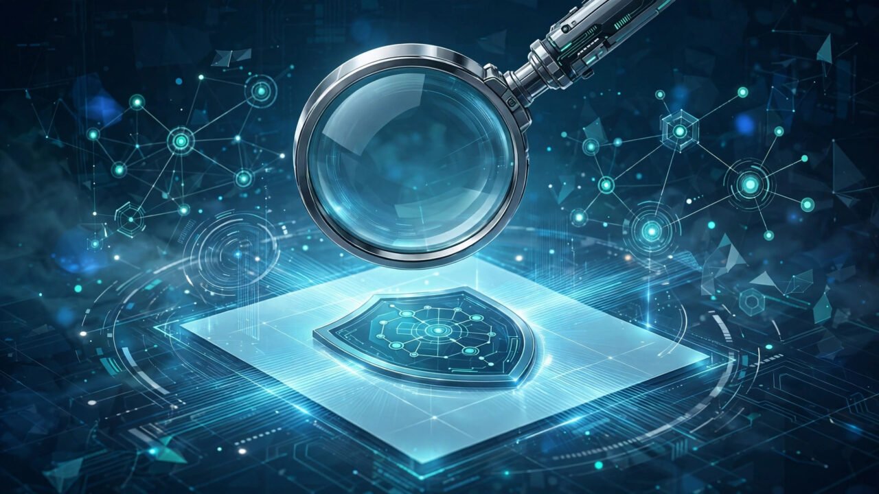 Illustration of an AI plagiarism checker: a magnifying glass scanning a document over a digital shield
