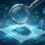 Illustration of an AI plagiarism checker: a magnifying glass scanning a document over a digital shield