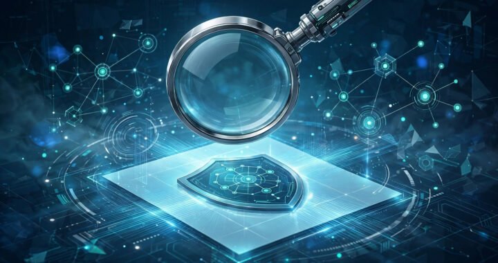 Illustration of an AI plagiarism checker: a magnifying glass scanning a document over a digital shield