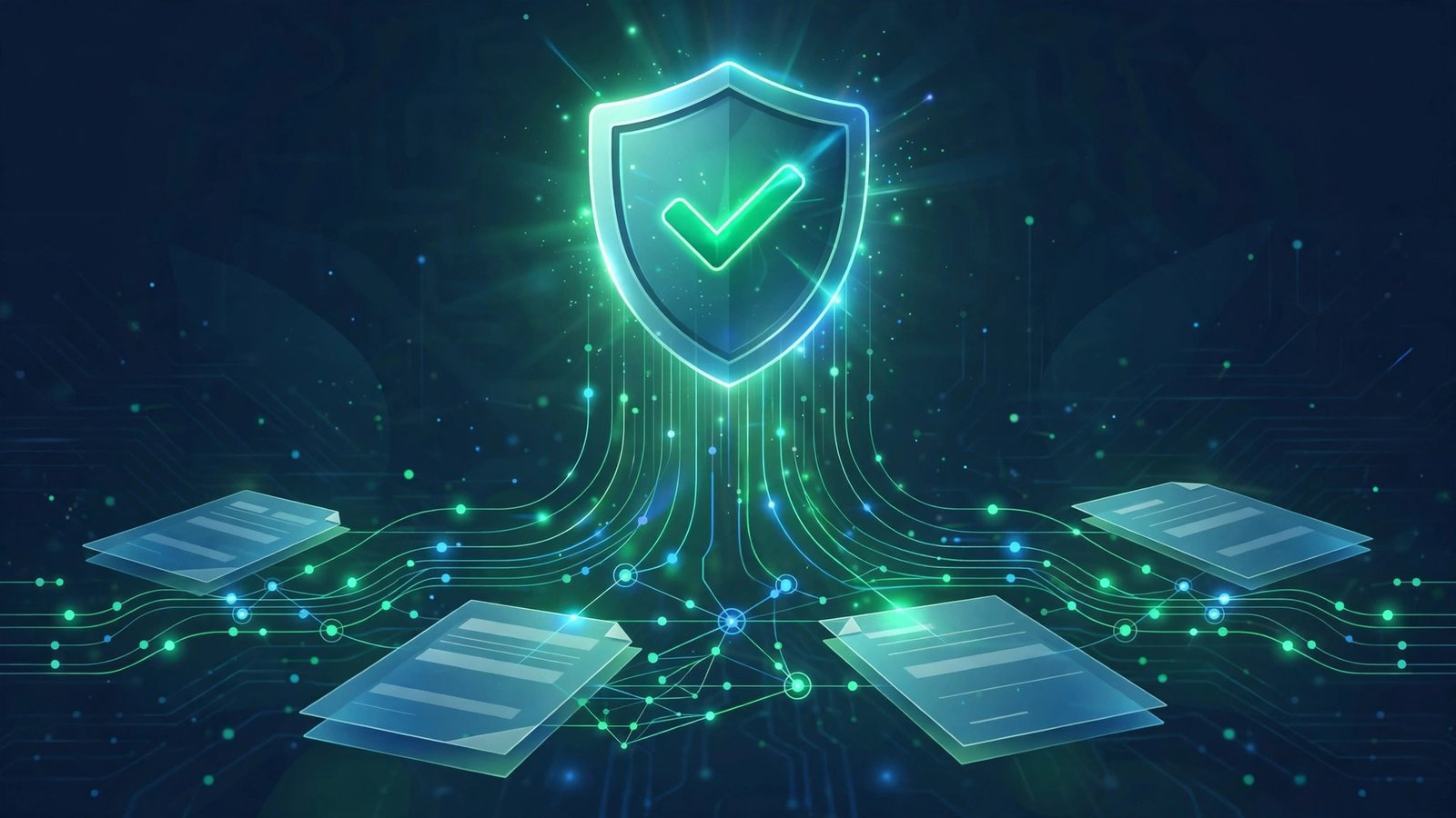 Glowing green shield with checkmark over floating documents and AI network lines symbolizing verified original content