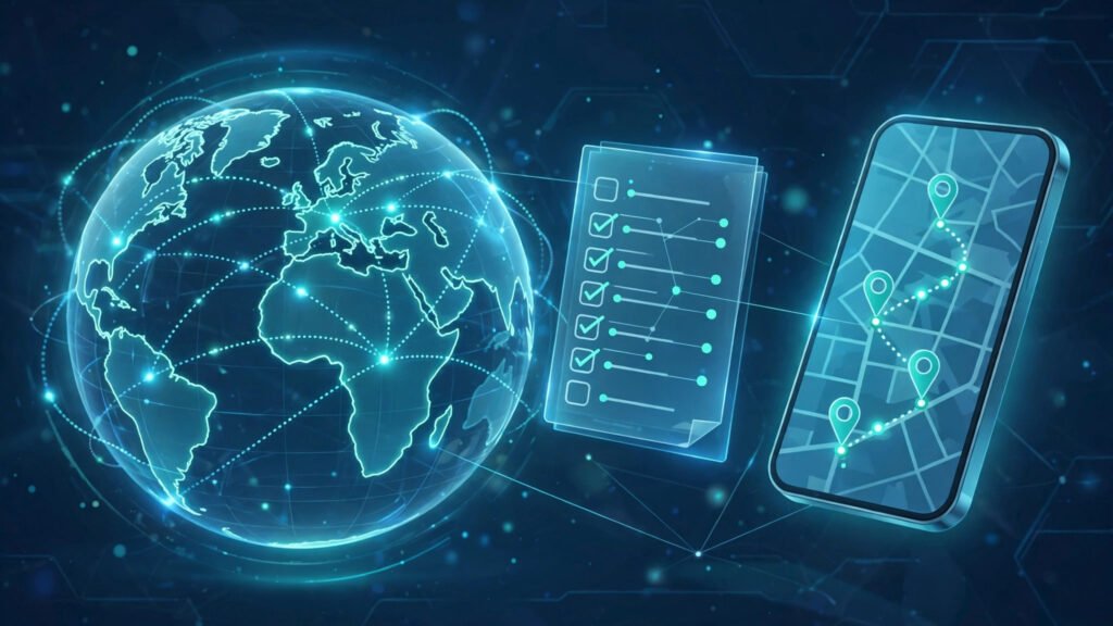 AI travel planning concept illustration with a glowing world map, itinerary checklist, and smartphone showing a travel route
