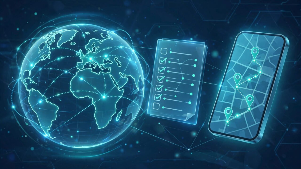 AI travel planning concept illustration with a glowing world map, itinerary checklist, and smartphone showing a travel route