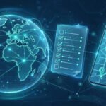 AI travel planning concept illustration with a glowing world map, itinerary checklist, and smartphone showing a travel route