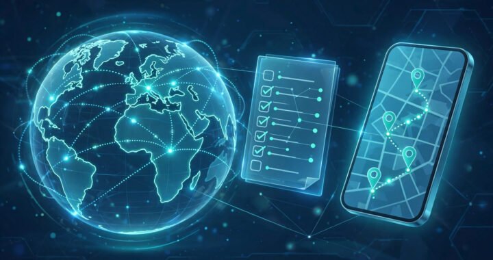 AI travel planning concept illustration with a glowing world map, itinerary checklist, and smartphone showing a travel route