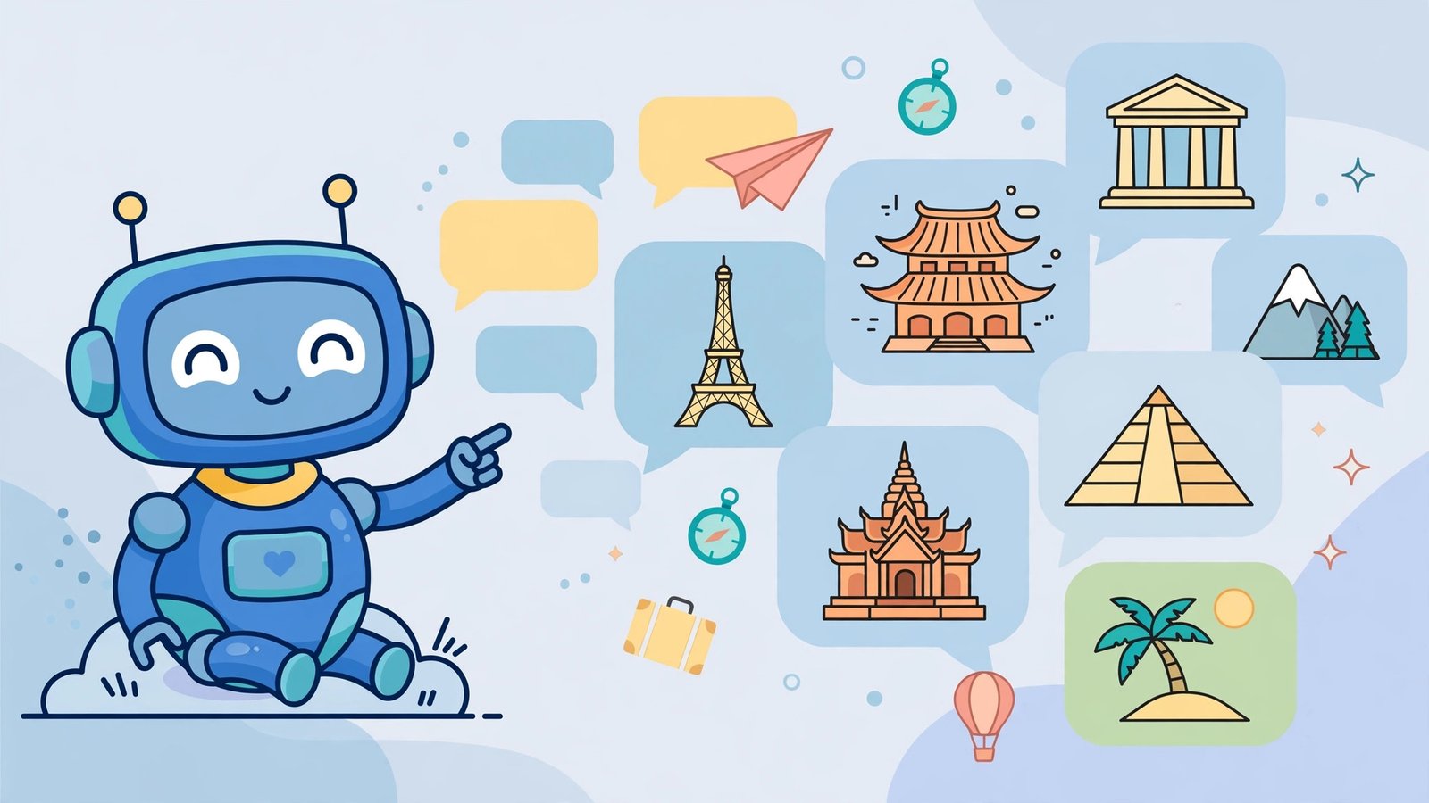 Friendly robot assistant suggesting travel destinations with chat bubbles and world landmark icons