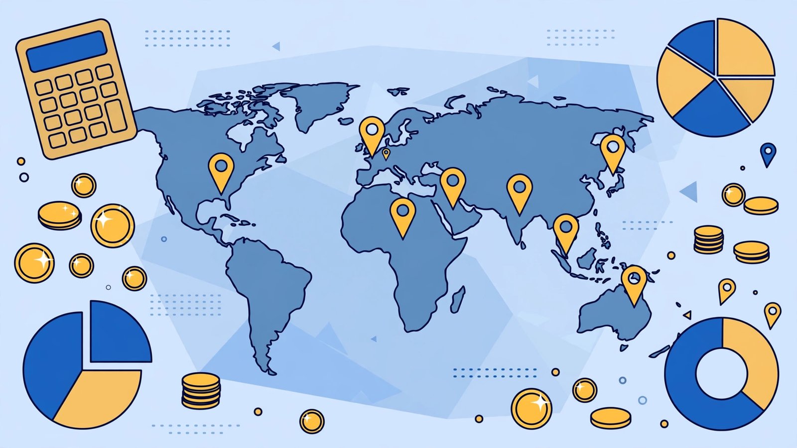 World map with coins, calculator, and travel budget charts illustrating trip budgeting