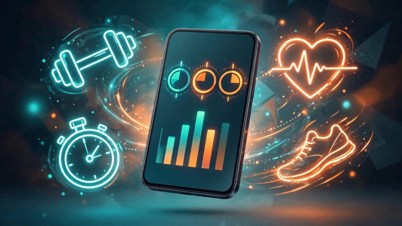 AI fitness app concept illustration: smartphone with progress rings and charts, surrounded by neon dumbbell, heart rate, stopwatch, and shoe icons