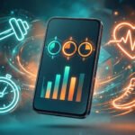 AI fitness app concept illustration: smartphone with progress rings and charts, surrounded by neon dumbbell, heart rate, stopwatch, and shoe icons