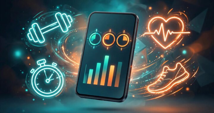 AI fitness app concept illustration: smartphone with progress rings and charts, surrounded by neon dumbbell, heart rate, stopwatch, and shoe icons