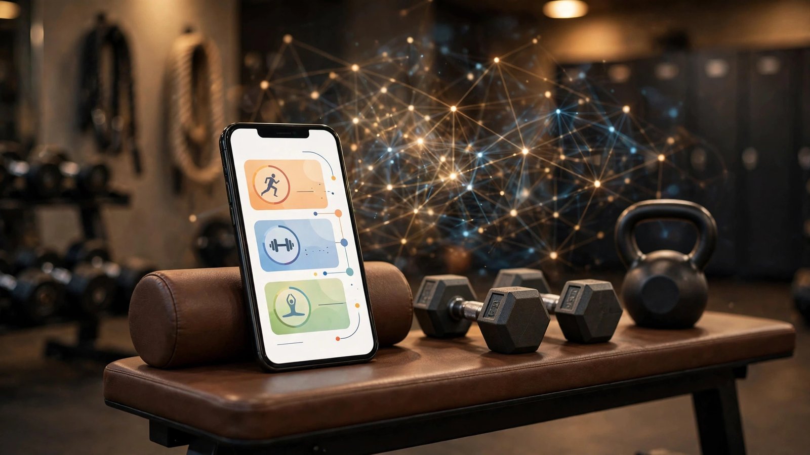 Smartphone on a gym bench showing an AI-generated workout plan with exercise cards, dumbbells, kettlebell, and a glowing neural network backdrop