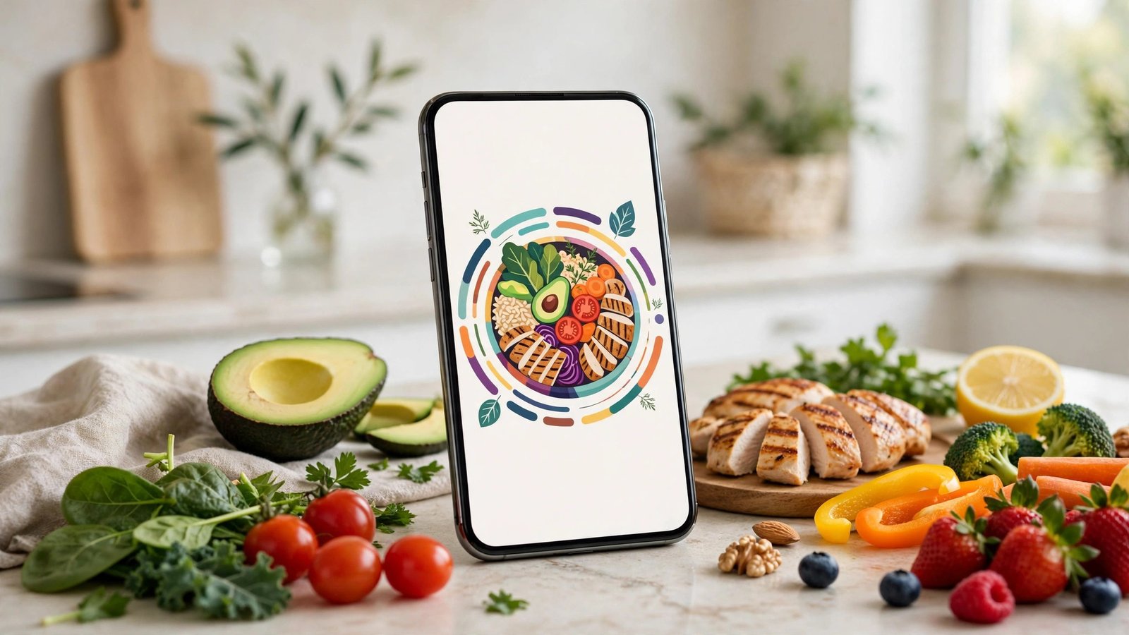 Smartphone displaying a healthy meal bowl graphic on a bright kitchen counter surrounded by avocado, grilled chicken, vegetables, and fruits