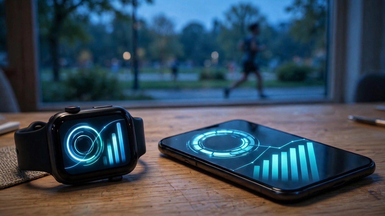 Smartwatch and smartphone on a desk showing glowing fitness progress charts, with a blurred runner in a park visible through a window