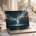 Writify review: laptop with abstract AI writing assistant interface and glowing text streams on a desk