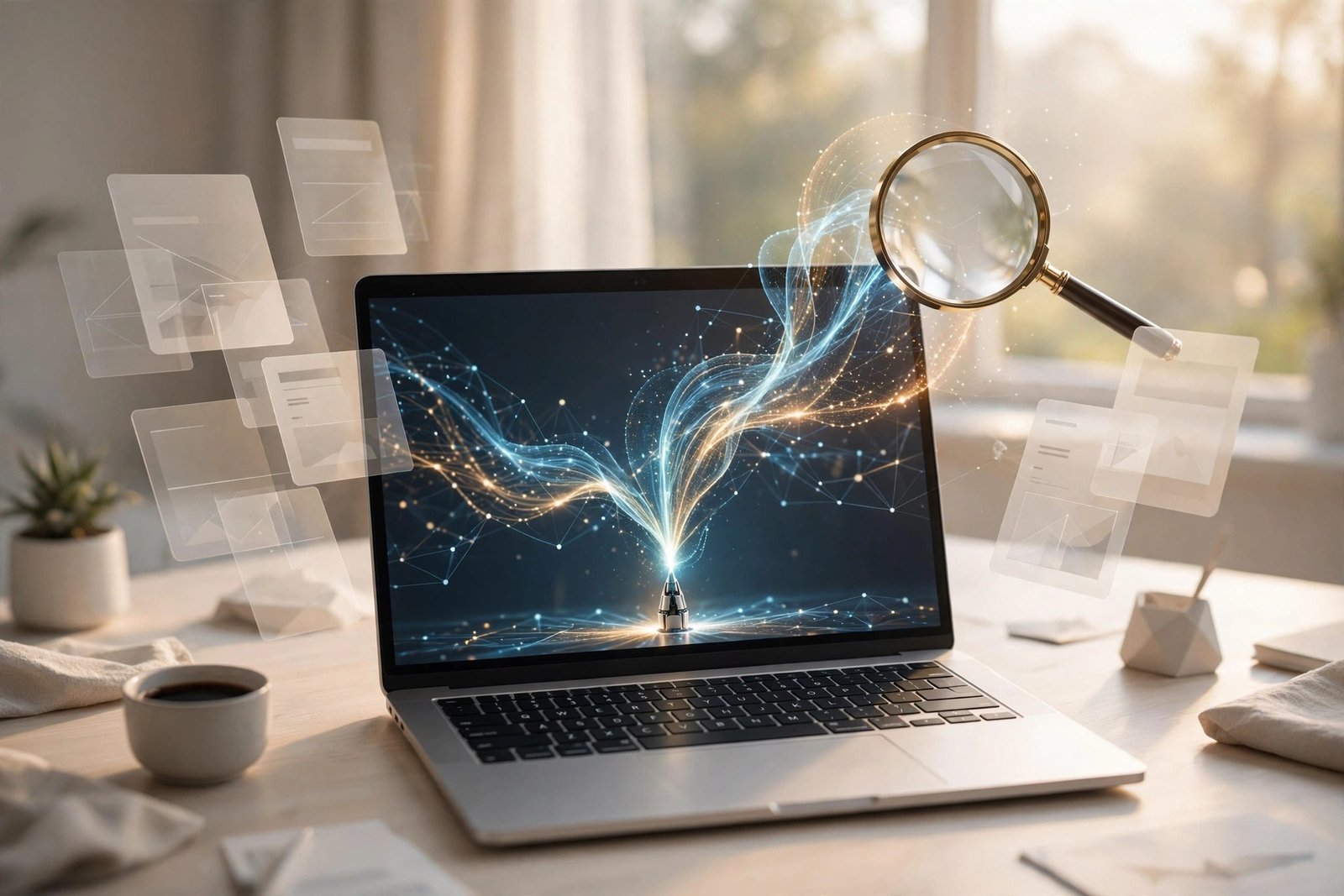 Writify review: laptop with abstract AI writing assistant interface and glowing text streams on a desk